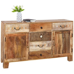 Landscape Sideboard, Natur, Metall, Akazie, Mangoholz, massiv, 2 Fächer, 6 Schubladen, 140x80x44 cm, stehend, Holzmöbel, Kleinmöbel Holz,