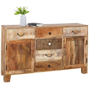 Landscape Sideboard, Natur, Metall, Akazie, Mangoholz, massiv, 2 Fächer, 6 Schubladen, 140x80x44 cm, stehend, Holzmöbel, Kleinmöbel Holz, Holzkommoden, Sideboards Holz