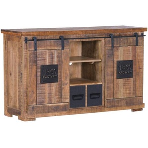 Landscape Sideboard, Natur, Schwarz, Metall, Mangoholz, massiv, 3 Fächer, 2 Schubladen, 145x85x45 cm, Typenauswahl, Beimöbel erhältlich, Holzmöbel, Kleinmöbel Holz, Holzkommoden, Sideboards Holz