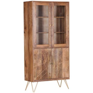 Landscape Vitrine, Natur, Gold, Holz, Mangoholz, massiv, 3 Fächer, 86x180x39 cm, Typenauswahl, Beimöbel erhältlich, stehend, Holzmöbel, Holzschränke,