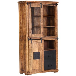 Landscape Vitrine, Natur, Schwarz, Metall, Mangoholz, massiv, 4 Fächer, 2 Schubladen, 100x190x45 cm, stehend, Holzmöbel, Holzschränke, Vitrinen Holz,