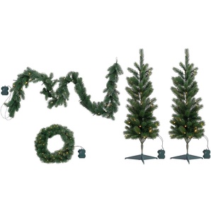 LED Baum MY HOME Bennet Lampen grün Dekofiguren 4-teiliges Weihnachts-Set, mit Girlande und Dekokranz