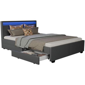 Led Polsterbett Lyon mit Bettkasten – Bettgestell aus Holz & Kunstleder mit Lattenrost – Einzelbett Jugendzimmer Möbel – 140 x 200 cm - grau - Juskys