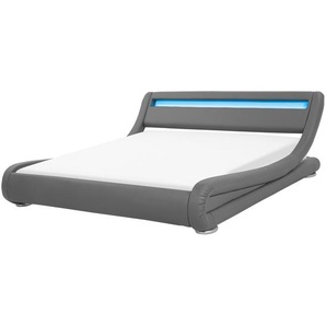 Lederbett Grau 160 x 200 cm LED Beleuchtung mit Lattenrost Hohe Kopfteil Geschwungene Formgebung Silberne Füße Modern