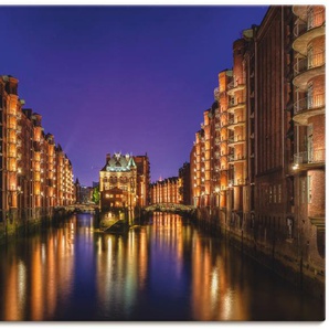 Leinwandbild ARTLAND Hamburg Speicherstadt bei Nacht Bilder Gr. B/H: 120 cm x 90 cm, Gebäude Querformat, 1 St., goldfarben Leinwandbilder