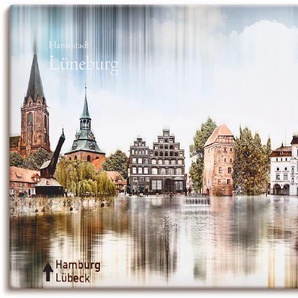 Leinwandbild ARTLAND Lüneburg Skyline Abstrakte Collage Bilder Gr. B/H: 100 cm x 50 cm, Deutschland, 1 St., blau Leinwandbilder