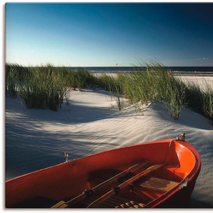 Leinwandbild ARTLAND Rotes Boot am Strand... Bilder Gr. B/H: 120 cm x 90 cm, Boote & Schiffe, 1 St., rot Leinwandbilder auf Keilrahmen gespannt