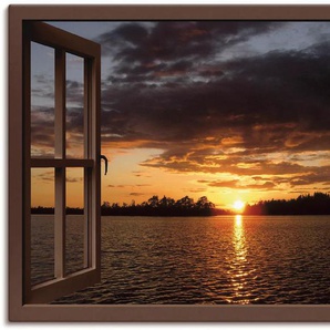 Leinwandbild ARTLAND Sonnenuntergang am See, braunes Fenster Bilder Gr. B/H: 130 cm x 90 cm, Seebilder Querformat, 1 St., braun Leinwandbilder