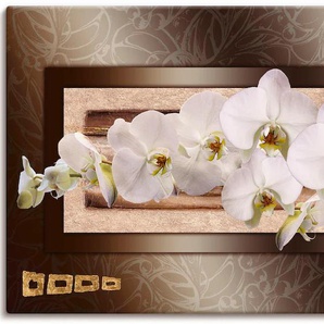 Leinwandbild ARTLAND Weiße Orchideen mit goldenen Vierecken Bilder Gr. B/H: 150 cm x 75 cm, Blumen, 1 St., weiß Leinwandbilder