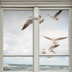 Leinwandbild QUEENCE Möwen Bilder Gr. B/H: 60 cm x 90 cm, Meer-Natur-Vögel Hochformat, 1 St., beige (natur) Leinwandbilder