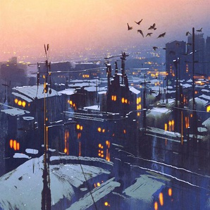 Leinwandbild QUEENCE Stadt bei Nacht Bilder Gr. B/H/T: 120 cm x 80 cm x 2 cm, orange Leinwandbilder