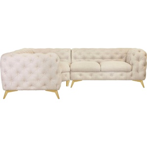 Leonique Chesterfield-Sofa Ecksofa GLYNIS L-Form mit Wellenunterfederung, Maße B/T/H 264/204/75cm, aufwändige Knopfheftung, moderne Chesterfield Optik, Fußfarbe wählbar