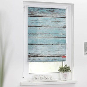 Seitenzugrollo LICHTBLICK ORIGINAL Rollo Klemmfix, ohne Bohren, Verdunkelung, Bretter-Vintage Rollos Gr. 150 cm, stufenlos positionierbar, 80 cm, blau (petrol, weiß) Verdunkelungsrollos