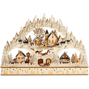 Lichterbogen, Braun, Weiß, Beige, Holz, Kiefer, Linde, Winterlandschaft, 60x42x10 cm, zum Stellen, Lampen & Leuchten, Innenbeleuchtung, Dekoleuchten, Dekoleuchten