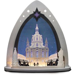 Lichterbogen WEIGLA Dresdner Frauenkirche, Weihnachtsdeko Schwibbögen Gr. H/T: 53 cm x 9 cm, grau (grau, blau) Schwibbögen Weihnachtspyramiden in 3D Optik