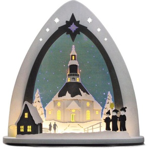 Lichterbogen WEIGLA Seiffener Kirche, Weihnachtsdeko Schwibbögen Gr. H/T: 53 cm x 9 cm, grau (grau, blau) Schwibbögen Weihnachtspyramiden