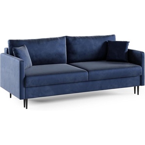 LIKMA 3 Sitzer Sofa Mara 209 cm mit Schlaffunktion und Bettzeugbehälter, Velvet Schlafsofa mit Bettkasten, Moderne Couch, Sofagarnituren, Bettsofa Farbe: Marineblau, Stoff: Velours Riviera 81