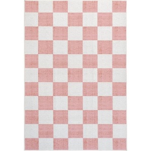 Lindorug Tuftteppich Mesio Jack, waschbar, Hellrosa, Grauweiß, Textil, Karo, rechteckig, 130x190 cm, Oeko-Tex® Standard 100, für Fußbodenheizung geeignet, rutschfest, in verschiedenen Größen erhältlich, wasserabweisend, schmutzabweisend,