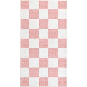 Lindorug Tuftteppich Mesio Jack, waschbar, Hellrosa, Grauweiß, Textil, Karo, rechteckig, 80x150 cm, Oeko-Tex® Standard 100, für Fußbodenheizung geeignet, rutschfest, in verschiedenen Größen erhältlich, wasserabweisend, schmutzabweisend,