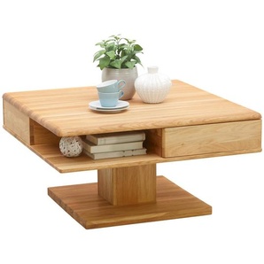 Linea Natura Couchtisch, Eiche, Holz, Eiche, massiv, 2 Schubladen, quadratisch, eckig, Bodenplatte, 80x47x80 cm, Stauraum, offenes Fach, Wohnzimmer,