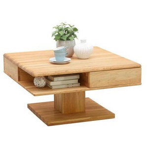 Linea Natura Couchtisch, Eiche, Holz, Eiche, massiv, 2 Schubladen, quadratisch, eckig, Bodenplatte, 80x47x80 cm, Stauraum, offenes Fach, Wohnzimmer,