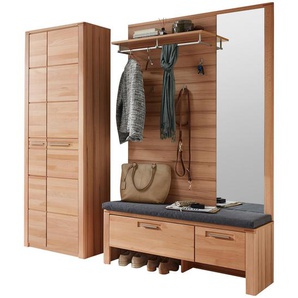 Linea Natura Garderobe Nature One, Buche, Glas, Textil, Holzwerkstoff, 4-teilig, massiv, 200x201x40 cm, Garderobe, Garderoben-Sets & Serien,