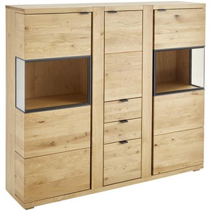 Linea Natura Highboard , Anthrazit, Eiche , Metall , Eiche , furniert, massiv , 7 Fächer , 3 Schubladen , 152x135.5x38 cm , Holzmöbel, Kleinmöbel Holz, Holzkommoden, Highboards Holz