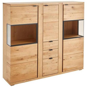 Linea Natura Highboard, Anthrazit, Eiche, Metall, Eiche, furniert, massiv, 7 Fächer, 3 Schubladen, 152x135.5x38 cm, Holzmöbel