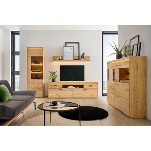 Linea Natura Wohnwand, Eiche, Metall, Kerneiche, furniert, massiv, 3 Fächer, 2 Schubladen, 267x201.9x49.8 cm, Beimöbel erhältlich, stehend, hängend, Beleuchtung, Wohnzimmer, Wohnwände, Wohnwand-Sets