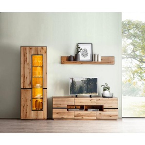 Linea Natura Wohnwand Kelio, Metall, Wildeiche, furniert, massiv, teilmassiv, 8 Fächer, 2 Schubladen, 270x203x47 cm, Beimöbel erhältlich, Wohnzimmer,