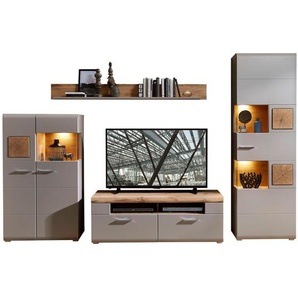 Linie Design Wohnwand , Grau, Eiche , Metall , 14 Fächer , 2 Schubladen , 325x205x47 cm , Beimöbel erhältlich , Wohnzimmer, Wohnwände, Anbauwände