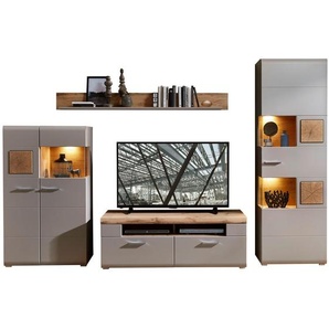 Linie Design Wohnwand, Grau, Eiche, Metall, 4-teilig, 14 Fächer, 2 Schubladen, 325x205x47 cm, Made in EU, Beimöbel erhältlich, Wohnzimmer, Wohnwände, Wohnwand-Sets