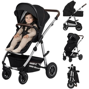 Lionelo Amber Kinderwagen 2 in 1 Kombikinderwagen, Set mit sportlichen Sitz, Fester Babywanne, Tasche, Moskitonetz, Abdeckung Regenblatt -Black Silver LO-AMBER 2IN1 BLACK SILVER