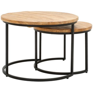 Livetastic Couchtisch, Natur, Schwarz, Holz, Metall, Mangoholz, massiv, Holz, rund, Säule, 75x60x50 cm, einfacher Aufbau, Wohnzimmer,