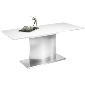 Livetastic Esstisch, Weiß, Edelstahl, Metall, Glas, rechteckig, Bodenplatte, Sockel, 90x76 cm, ausziehbar, Esszimmer, Tische, Esstische, Glastische