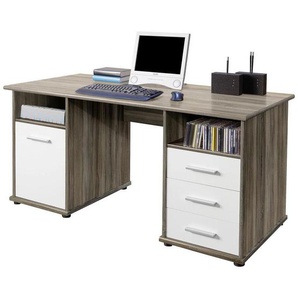 Livetastic Schreibtisch, Weiß, Eiche dunkel, Kunststoff, 3 Schubladen, rechteckig, 145x76x67 cm, Made in EU, Arbeitszimmer, Schreibtische, Bürotische
