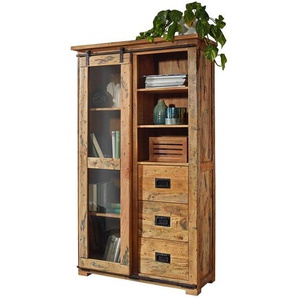 Livetastic Vitrine, Natur, Glas, Mangoholz, massiv, 3 Fächer, 3 Schubladen, 100x175x45 cm, Typenauswahl, Holzmöbel, Holzschränke, Vitrinen Holz,