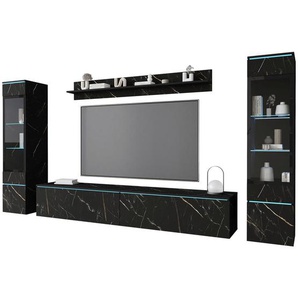Livetastic Wohnwand Vera, Schiefer, Glas, Holzwerkstoff, 4-teilig, 6 Fächer, 240x130x33 cm, Fsc, Made in EU, stehend, hängend, Beleuchtung, in