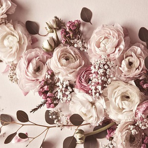 LIVING WALLS Fototapete ARTist Flat Lay Flower Tapeten Vlies, Wand, Schräge Gr. B/L: 4 m x 2,7 m, rosa (beige, creme, rosa) Fototapeten Blumen