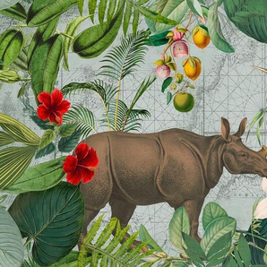 LIVING WALLS Fototapete ARTist Jungle Rhino Tapeten Gr. B/L: 4 m x 2,7 m, bunt (braun, grün, orange) Fototapeten Blumen