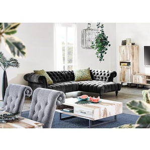 Ecksofa Fireside II Schwarz/Schwarz Microfaser 266 x 80 x 192cm Ottomane davorstehend rechts Modern