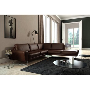 Ecksofa mit Ottomane Braun Echtleder Nadra 273 x 85 x 250cm Ottomane davorstehend rechts Chrom glänzend Kufen Modern
