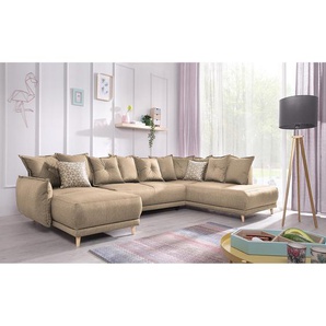 Wohnlandschaft Panica I Braun/Sandgrau Webstoff 312 x 90 x 195cm Ottomane davorstehend rechts Skandi