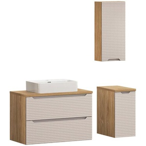Lomadox - Badmöbel Set 3-teilig mit 90 cm Waschtisch, LONDON-56-BEIGE, in Eiche mit beige
