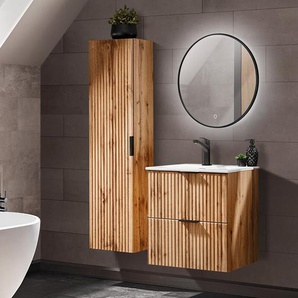 Lomadox - Badmöbel Set 60cm Waschtisch mit Unterschrank Wotaneiche Rillenoptik, b/h/t 110/200/46 cm