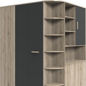 Lomadox Eckkleiderschrank begehbar mit Bettkasten in Eiche mit graphit CANTON-43 356547