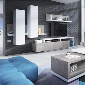 Lomadox Wohnwand inkl. Sideboard Couchtisch und LED Beleuchtung BEXLEY-83 in Beton Optik mit Absetzungen in weiß, B/H/T: ca. 300/200/45 cm BEXLEY-83-SET4