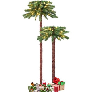 Lot de 2 Palmier de Noël Artificiel de 107 et 152 cm Pré-illuminé avec 100 led Lumières Blanche Chaude 84 Aiguilles Arbre de Noël Pliable en pvc