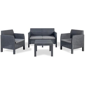 Loungegarnitur, Anthrazit, Kunststoff, 4-teilig, eckig, UV-beständig, Loungemöbel, Loungemöbel-Sets