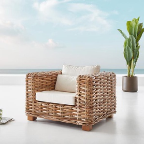 Loungesessel Nizza aus Rattan natur mit Kissen weiß, Loungemöbel